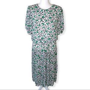 Joy Gordon Pleated Midi Dress Vintage Size 10 Modern Size M White Green Leaf